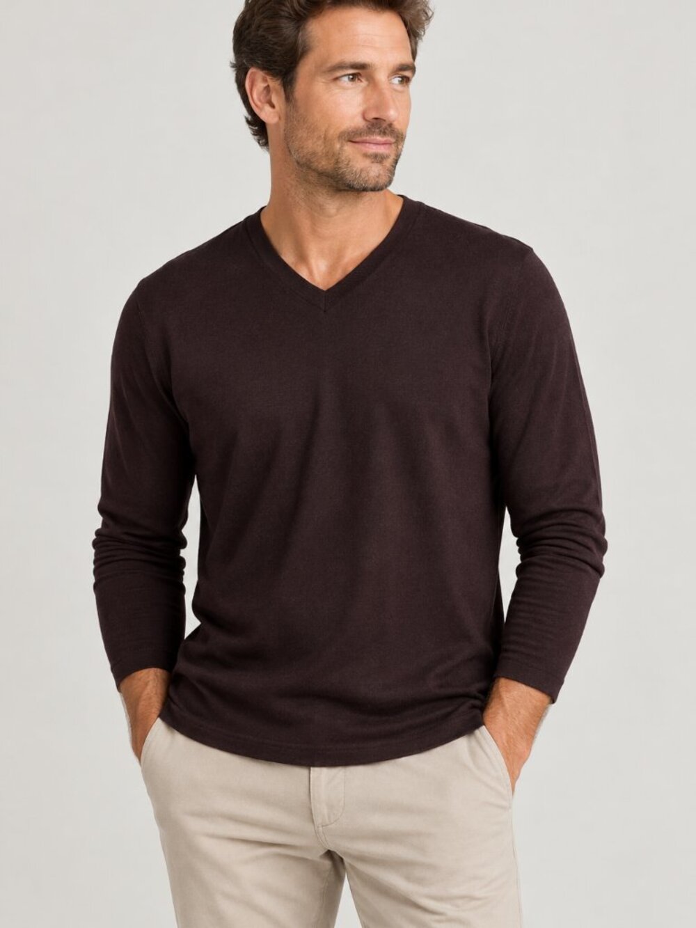Patrick Assaraf Men’s V-Neck Long Sleeve Sweater Shirt Brown Size Medium